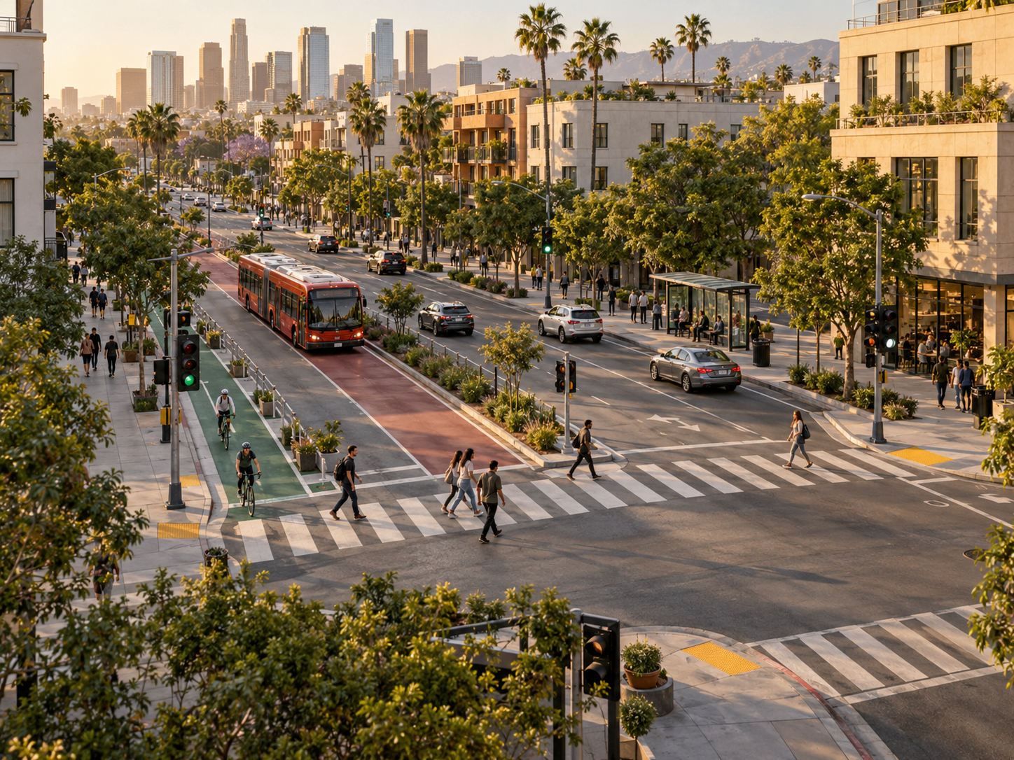AI-generated concept illustration of an urban street with bus transit, protected bike lanes, pedestrians, and signalized crossings.
